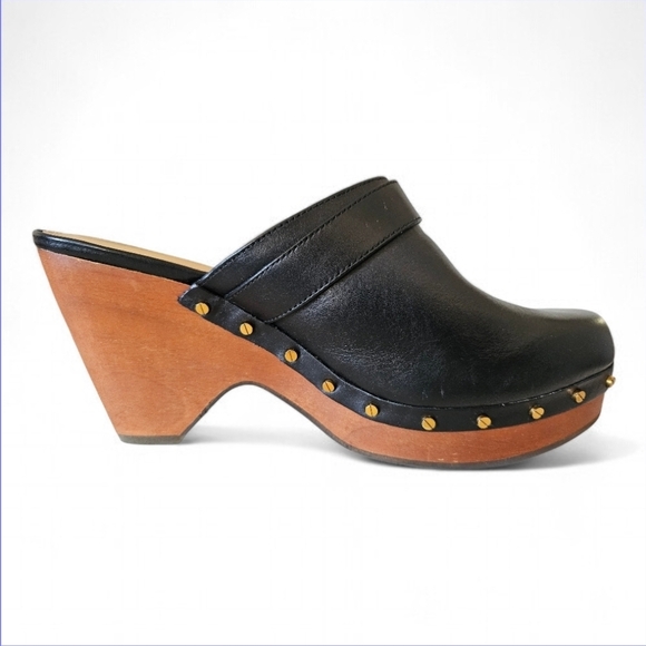 Veronica Beard Black Leather Wood-Block Clogs with Gold Buckle 8.5 - Picture 3 of 7